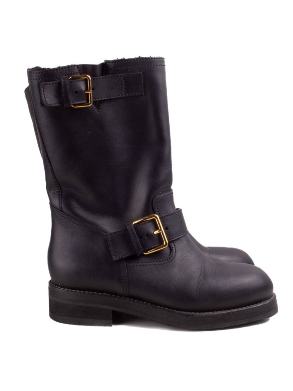 MARNI BLACK LEATHER SHEARLING LINED MID CALF MOTO BIKER BOOTS